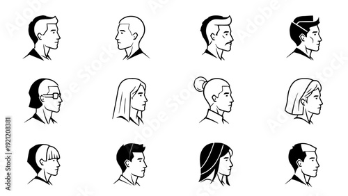 monochrome vector profile illustrations of diverse people showcasing various hairstyles and identities great for user interface designs.