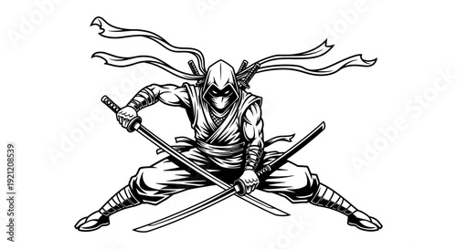 ninja warrior in combat stance wielding crossed katanas flowing sashes japanese martial arts stealth and power.
