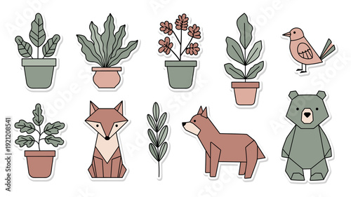 A delightful collection of minimalist flat design stickers featuring potted plants, charming woodland animals, and elegant botanical elements, perfect for digital projects.