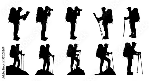 outdoor adventure hikers silhouettes with backpacks trekking poles maps and cameras exploring nature and symbolizing travel.