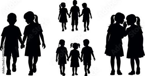 Silhouettes of children and adults walking together in various poses