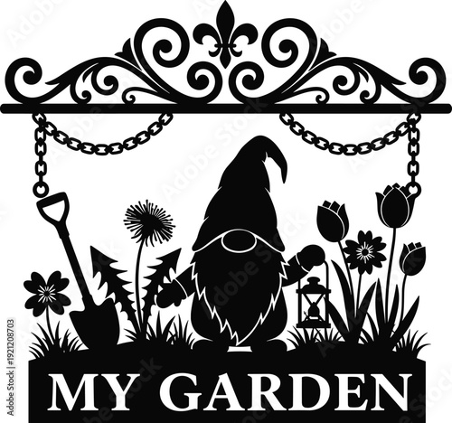 My Garden decorative sign silhouette with gnome, flowers and ornate scrollwork isolated on white background, charming outdoor yard metal plaque design