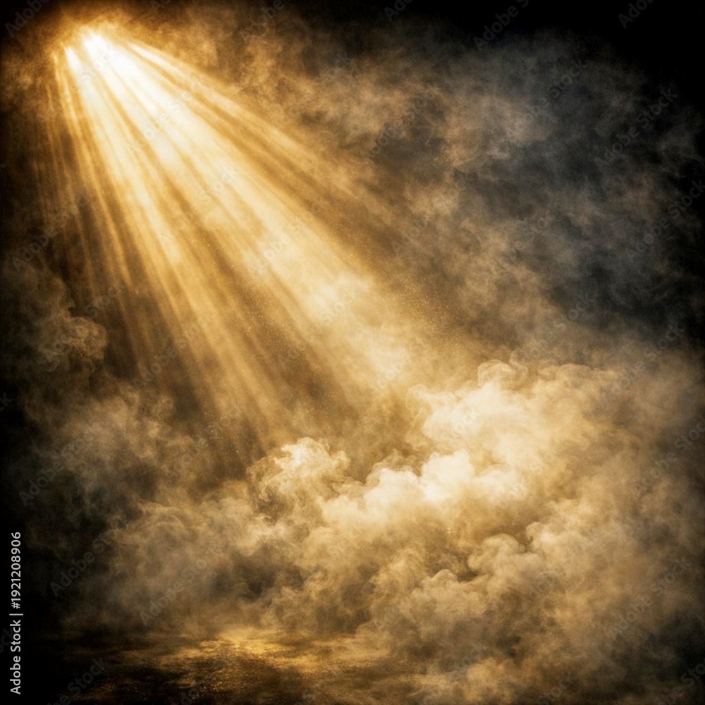 Fototapeta premium Dramatic Golden Light Rays Piercing Through Thick Fog and Smoke