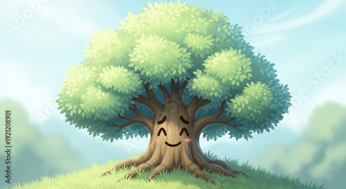 Smiling Tree with Green Leaves Standing in Grassy Field on Sunny Day, Cartoon Style
