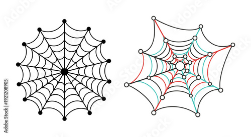 Two distinct spider web illustrations, one in classic black and white, the other featuring colorful red and blue accents, on a clean white background.