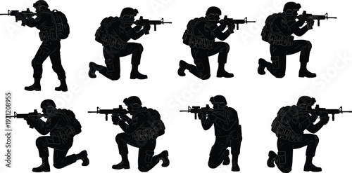 Special forces soldier aiming rifle silhouettes set, tactical military kneeling shooting poses isolated on white background vector illustration