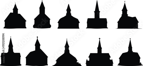 Church Building Silhouette Collection Set, Christian Chapel and Cathedral Architecture Black Vector Icons Isolated on White Background