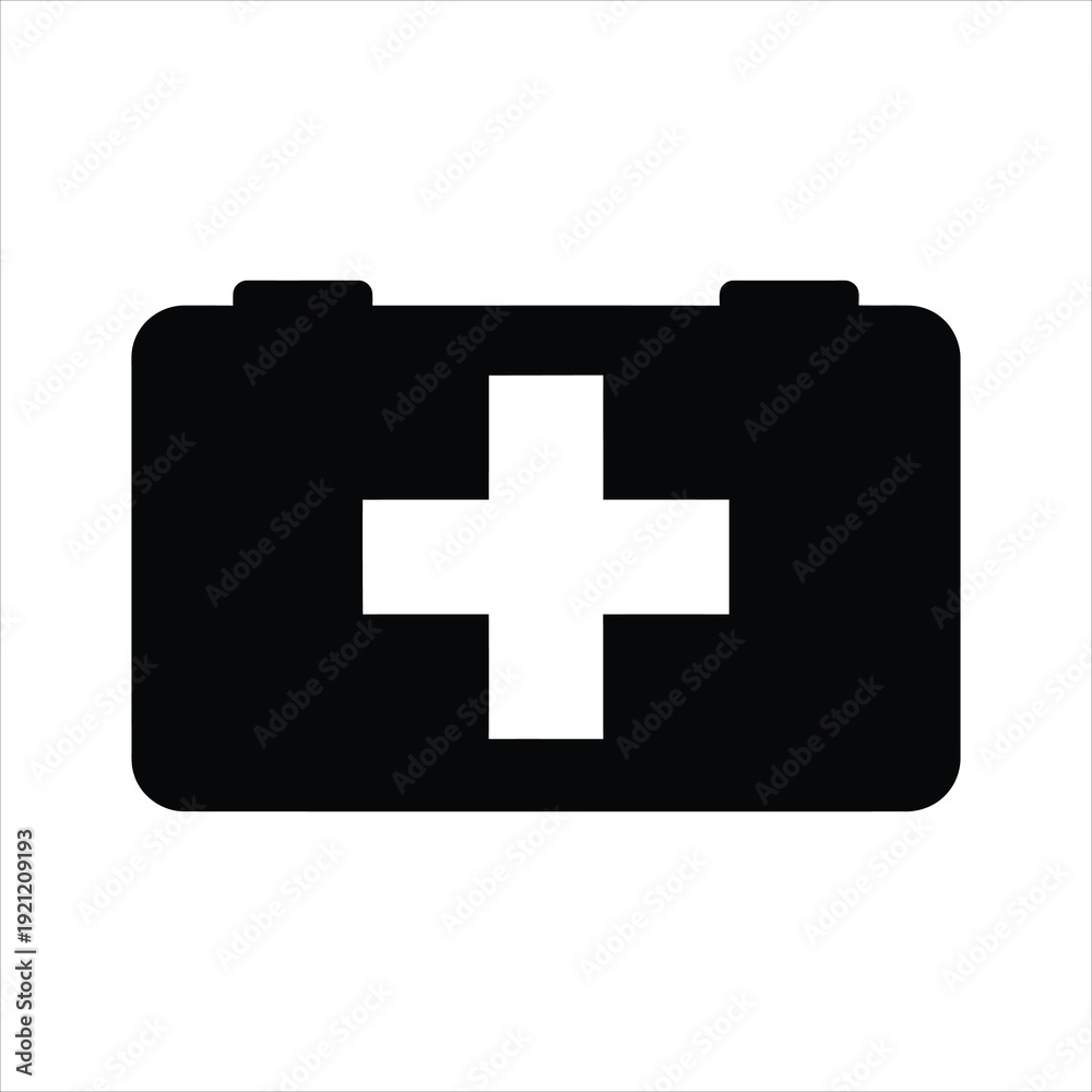 Obraz premium Black first aid kit icon with white cross on white background medical health