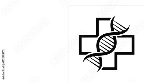 Black D N A helix symbol superimposed on a medical cross vector