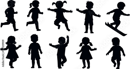 Silhouettes of children playing and running in various poses