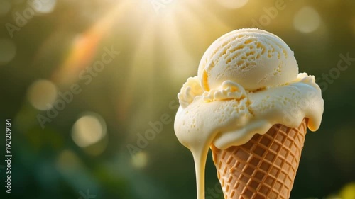A delicious vanilla ice cream cone with gourmet cream is an isolated sweet frozen dessert, making it a fresh and cold dairy treat for a white summer day