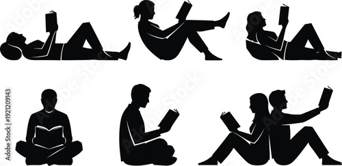People reading books silhouettes set, men and women sitting and lying with novel isolated on white background vector