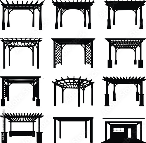 Pergola Silhouette Collection Set, Outdoor Garden Arbor and Patio Shade Structure Black Vector Icons Isolated on White Background