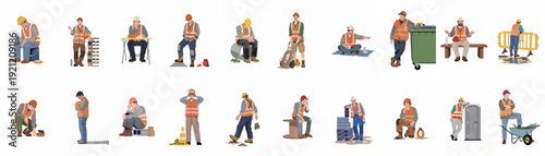 Illustrations of tired and resting construction workers, showcasing various aspects of labor and safety on building sites.
