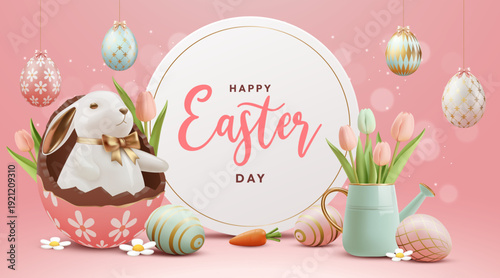 Happy Easter Pastel Background with Bunny Eggs and Tulips 3D Greeting Card Design