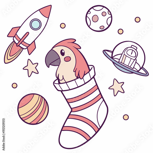 Cute Amused Parrot, accessorized with snuggled in a sock, in a Space explorer world – Cosmic Pastels palette vector