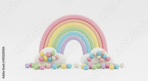 Pastel Rainbow with Colorful Candies and Clouds on White Background