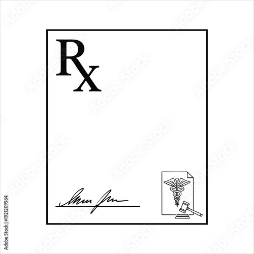 Rx symbol signature and caduceus with gavel on prescription paper medical health