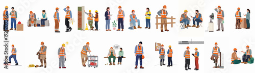 A comprehensive collection of construction workers and engineers in various work and break scenarios, illustrating teamwork, challenges, and daily life on site.