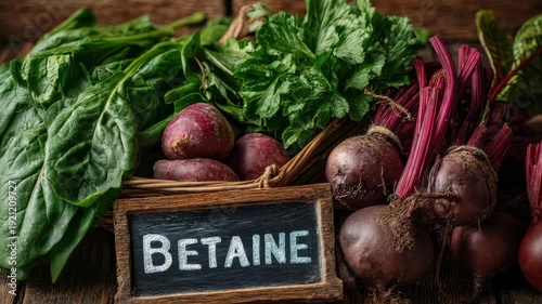 Betaine: Food sources including beets, spinach, wheat, and powdered betaine supplements