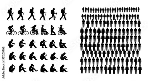 people icons diverse activities walking cycling sitting wheelchair with large stick figure crowd for social and graphic design.