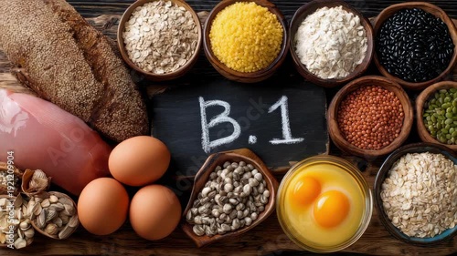 Vitamin B1 (Thiamine) Rich Foods: Salmon, Egg Beans Whole Grains Nuts Seeds, and Corn