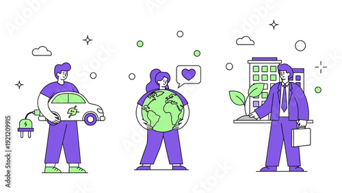 people promoting sustainable living clean energy electric vehicles and green business initiatives demonstrating eco-friendly pledge.