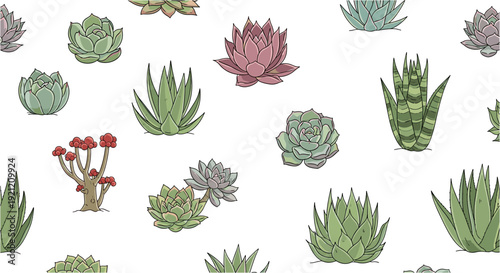 Seamless pattern showcasing a diverse collection of hand-drawn succulent plants and cacti, perfect for botanical-themed designs and backgrounds.