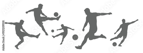 Male football player in action kicking ball with dynamic movement energetic gray silhouette icon set, editable, isolated on white background.