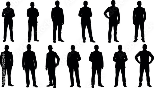 Collection of 12 black silhouettes of men in various poses