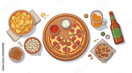 Bar Snacks and Beer Flat Lay – Social Party Food Illustration
