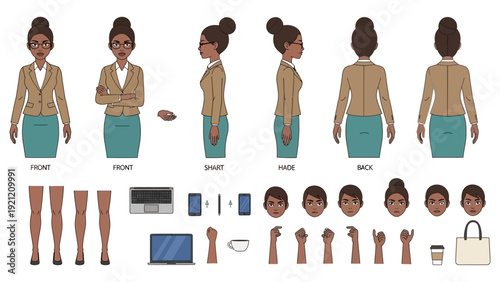 professional african american businesswoman vector character with diverse poses expressions and accessories for corporate design.