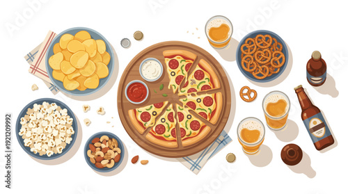 Game Night Snacks with Beer – Top View Food Vector Layout