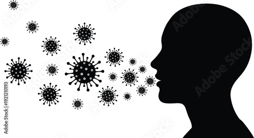 Human head silhouette spreading virus particles, respiratory infection transmission concept isolated on white background medical vector illustration