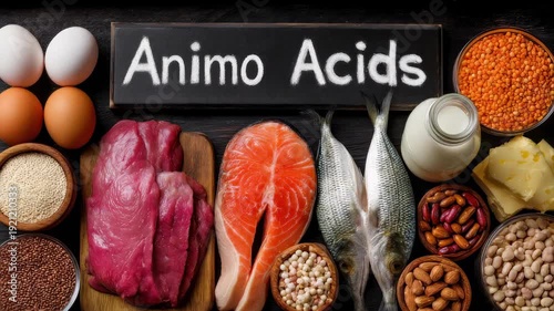 Amino Acids sign and an assortment of protein-rich food sources