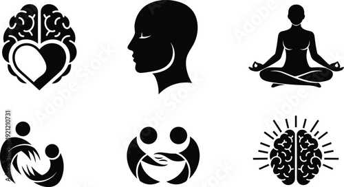 Flat vector illustration of mental health icons including mindfulness meditation, emotional support, brain with heart, unity, compassion, wellness design
