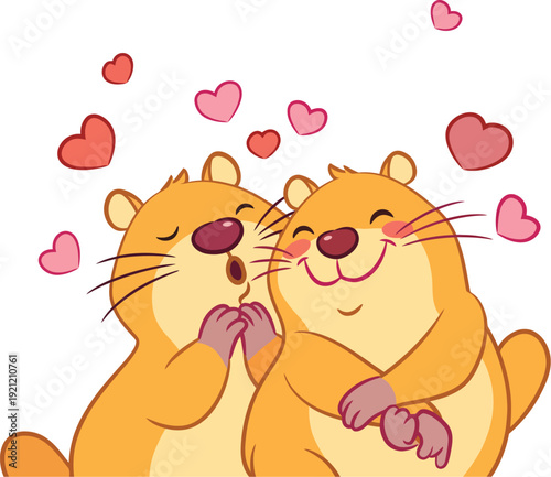 Cute Cartoon Otters in Love: Sweet Couple Kissing with Floating Pink Hearts, Perfect for Valentine's Day Romance and Affectionate Designs.