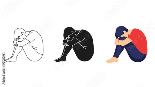 Sad person sitting curled up in a fetal position, representing depression, anxiety, loneliness, and mental health issues, shown in three styles outline, silhouette and full color illustration
