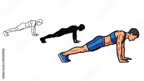 Illustration of a person performing a pushup exercise, showing outline, silhouette and full color versions for fitness and workout concepts