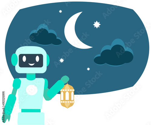 AI Robot Holding Ramadan Lantern Night Islamic Flat Vector Illustration
Artificial Intelligence Robot With Ramadan Lantern Kareem Night Background