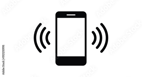 Simple black and white icon representing a smartphone actively vibrating or ringing to signal an incoming communication or notification alert