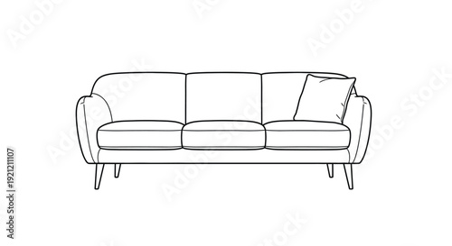 Simple black and white line drawing of a stylish three-seater sofa with clean lines, comfortable cushions, and angled wooden legs, ideal for furniture design presentations or home decor concepts.
