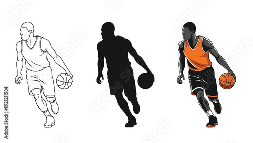 Set of three basketball player dribbling illustrations outline sketch, solid silhouette and full color graphic