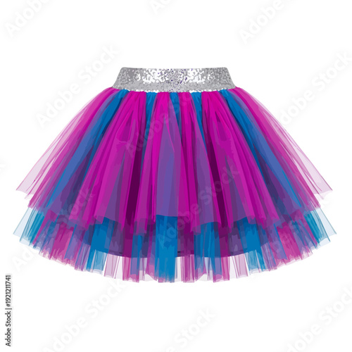 Colorful layered tutu skirt with pink and blue tulle and silver waistband for party wear, isolated on white background