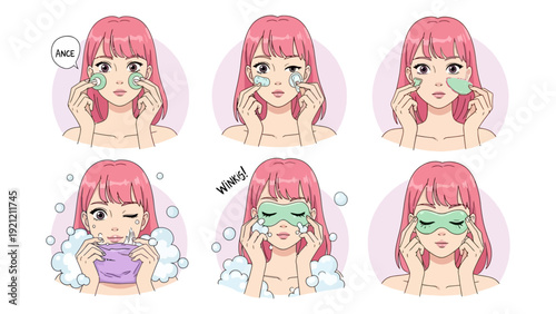 skincare routine pink-haired woman applies face treatments cleanses and relaxes with an eye mask for self-care.