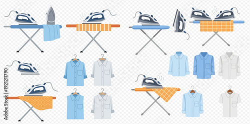 A comprehensive vector collection of ironing equipment including irons, boards, and various shirts.