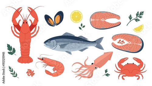 seafood assortment featuring lobster salmon shrimp squid and crab garnished on white perfect for healthy culinary use.