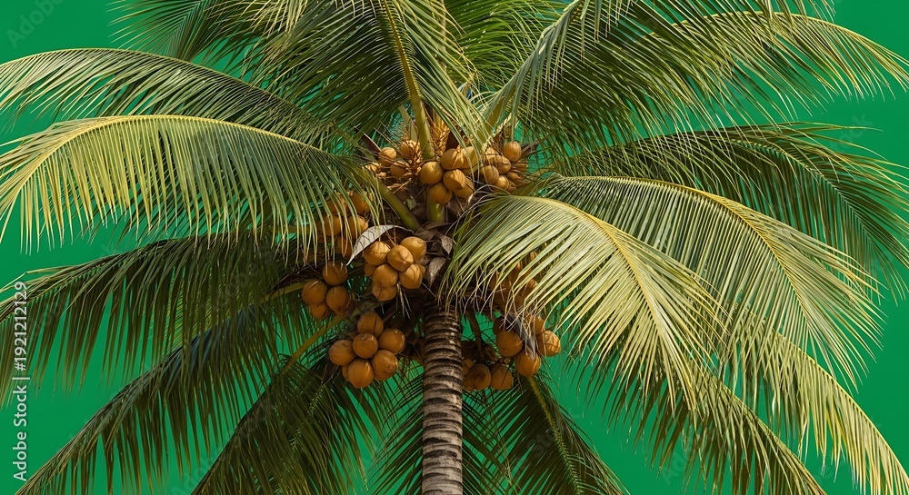 Fototapeta premium Closeup of a mature coconut palm tree with ripe coconuts against a vibrant green background.