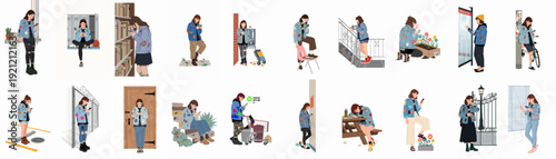 Young woman constantly connected, using smartphone in various everyday settings, showcasing modern digital lifestyle and youth culture.