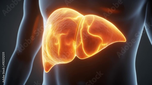 3D rendering of a glowing human liver within a translucent torso, highlighting its anatomical position and vital function.